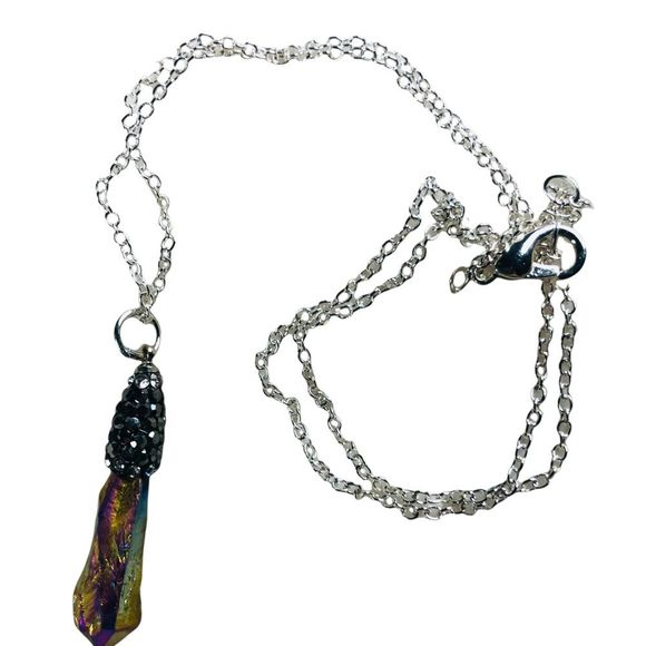 Rainbow holographic titanium quartz pendant necklace on silver chain - Picture 1 of 5